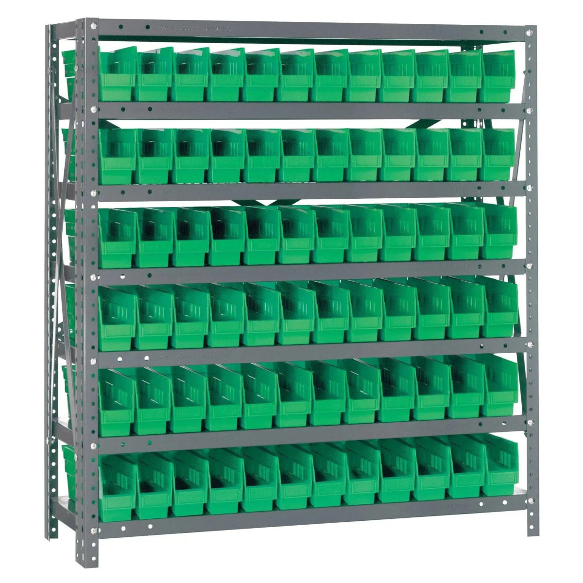 1239 - 100 | 12" x 36" x 39" Shelving Unit with 72 Bins - Steel Shelving with Bins > 12" Deep Steel Shelving Units with Bins > Open Front Plastic Shelf Bins - Industrial 4 Less