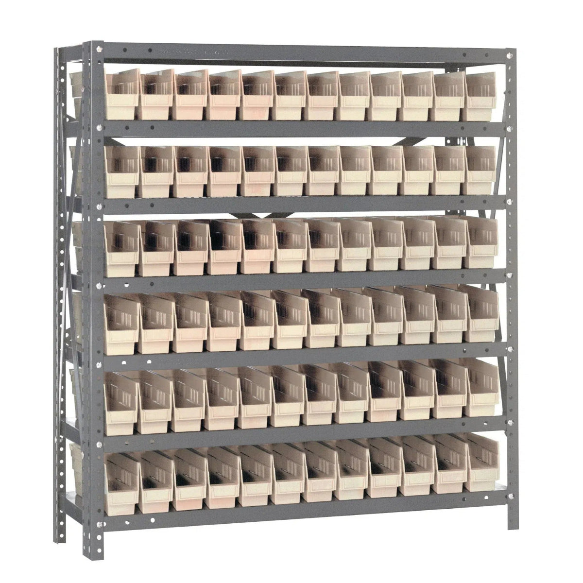 1239 - 100 | 12" x 36" x 39" Shelving Unit with 72 Bins - Steel Shelving with Bins > 12" Deep Steel Shelving Units with Bins > Open Front Plastic Shelf Bins - Industrial 4 Less