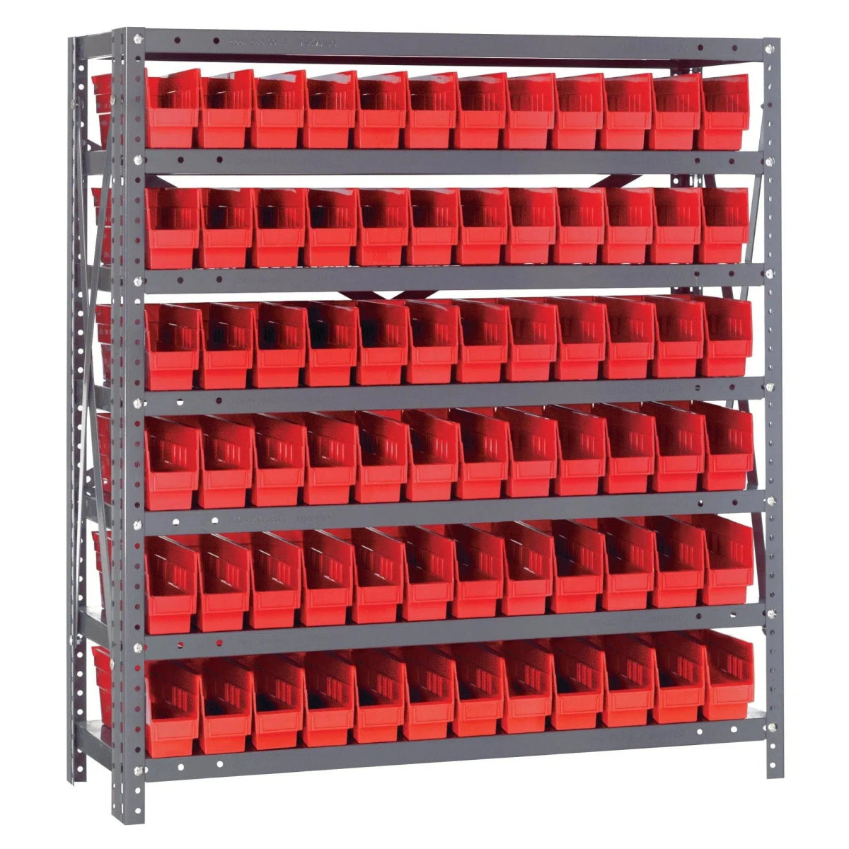 1239 - 100 | 12" x 36" x 39" Shelving Unit with 72 Bins - Steel Shelving with Bins > 12" Deep Steel Shelving Units with Bins > Open Front Plastic Shelf Bins - Industrial 4 Less