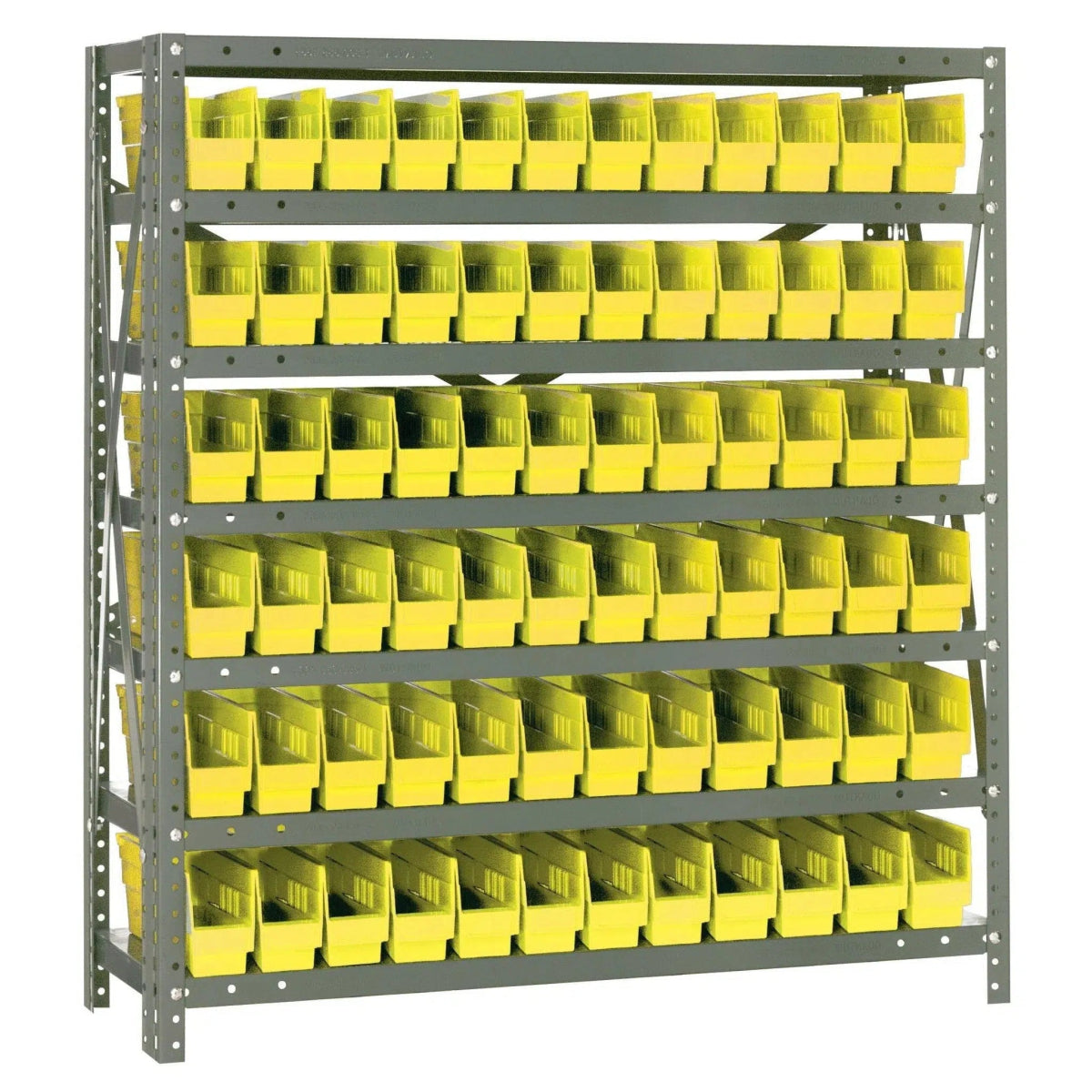 1239 - 100 | 12" x 36" x 39" Shelving Unit with 72 Bins - Steel Shelving with Bins > 12" Deep Steel Shelving Units with Bins > Open Front Plastic Shelf Bins - Industrial 4 Less