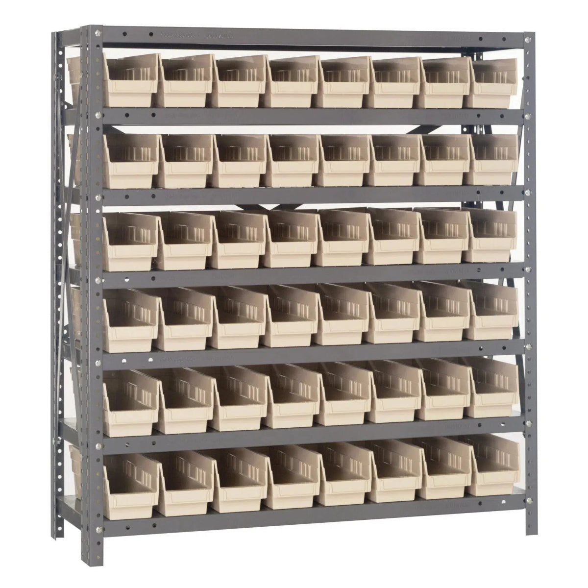 1239 - 101 | 12" x 36" x 39" Shelving Unit with 48 Bins - Steel Shelving with Bins > 12" Deep Steel Shelving Units with Bins > Open Front Plastic Shelf Bins - Industrial 4 Less