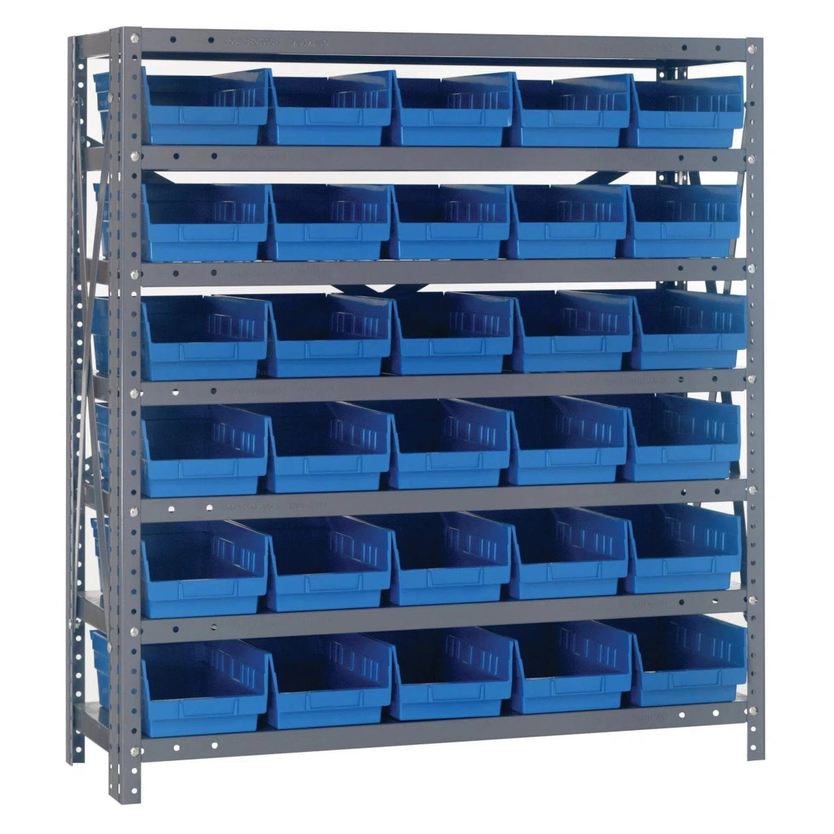 1239 - 102 | 12" x 36" x 39" Shelving Unit with 30 Bins - Steel Shelving with Bins > 12" Deep Steel Shelving Units with Bins > Open Front Plastic Shelf Bins - Industrial 4 Less