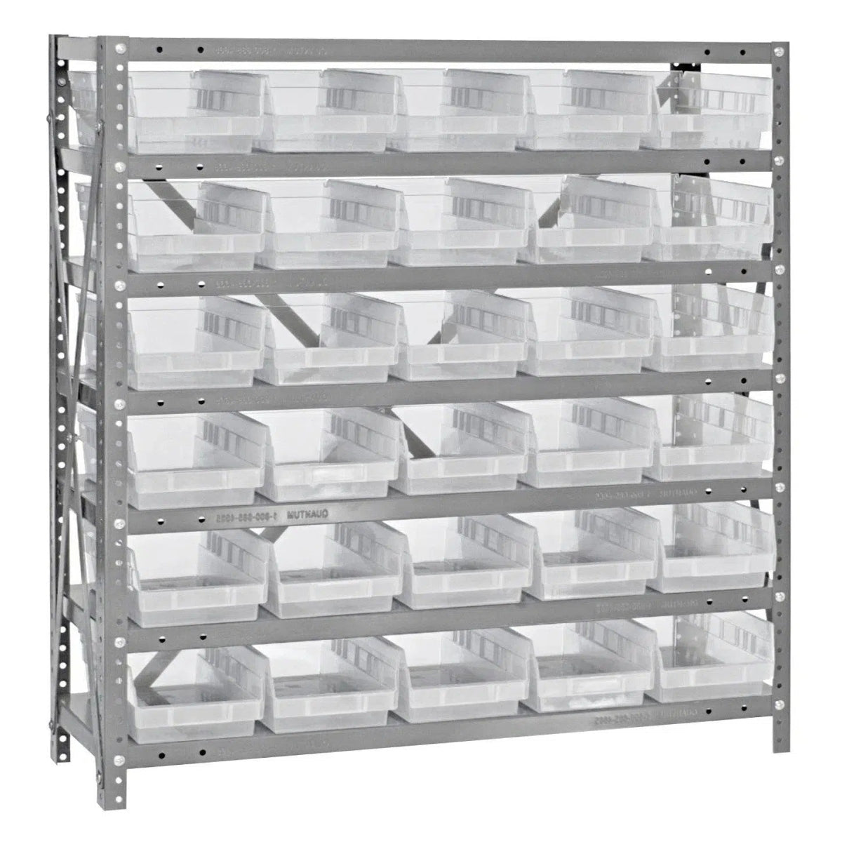 1239 - 102 | 12" x 36" x 39" Shelving Unit with 30 Bins - Steel Shelving with Bins > 12" Deep Steel Shelving Units with Bins > Open Front Plastic Shelf Bins - Industrial 4 Less