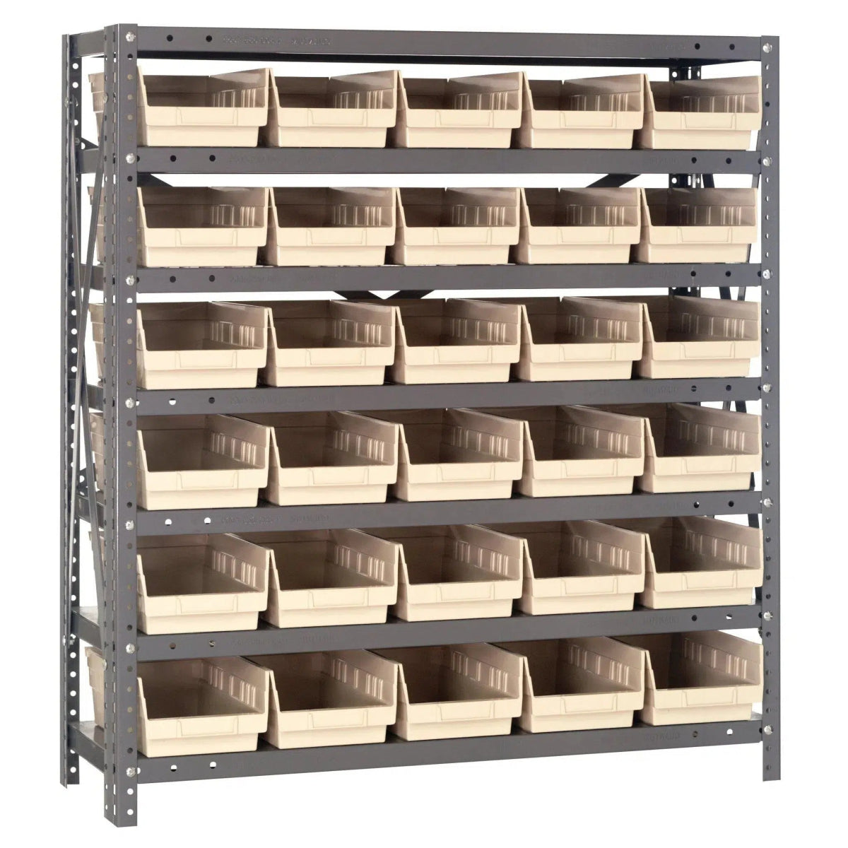 1239 - 102 | 12" x 36" x 39" Shelving Unit with 30 Bins - Steel Shelving with Bins > 12" Deep Steel Shelving Units with Bins > Open Front Plastic Shelf Bins - Industrial 4 Less