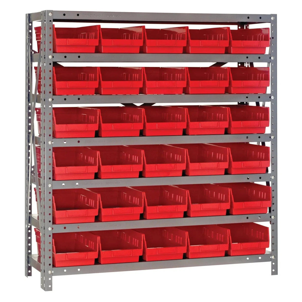 1239 - 102 | 12" x 36" x 39" Shelving Unit with 30 Bins - Steel Shelving with Bins > 12" Deep Steel Shelving Units with Bins > Open Front Plastic Shelf Bins - Industrial 4 Less