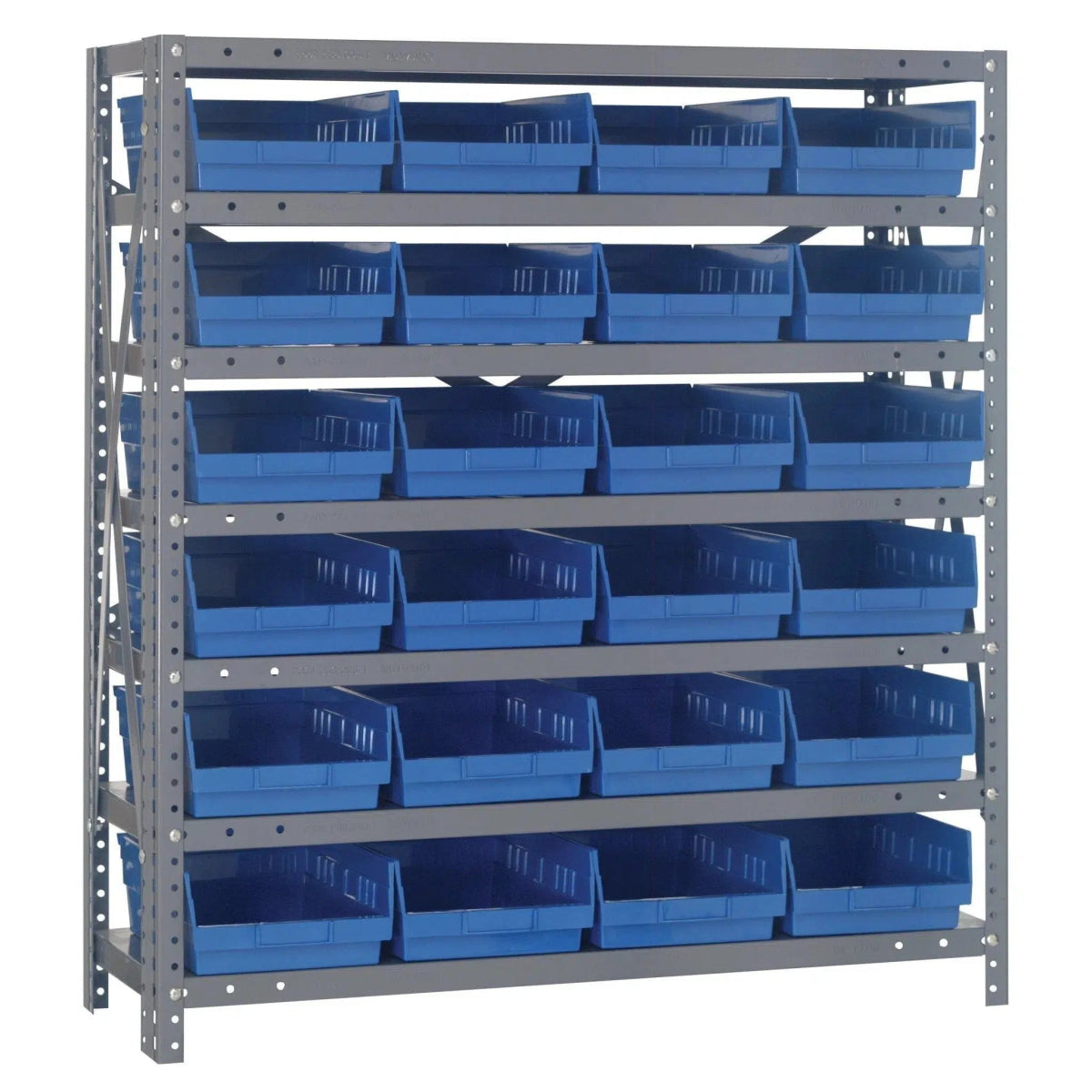 1239 - 107 | 12" x 36" x 39" Shelving Unit with 24 Bins - Steel Shelving with Bins > 12" Deep Steel Shelving Units with Bins > Open Front Plastic Shelf Bins - Industrial 4 Less