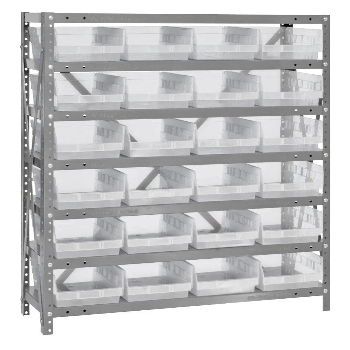 1239 - 107 | 12" x 36" x 39" Shelving Unit with 24 Bins - Steel Shelving with Bins > 12" Deep Steel Shelving Units with Bins > Open Front Plastic Shelf Bins - Industrial 4 Less