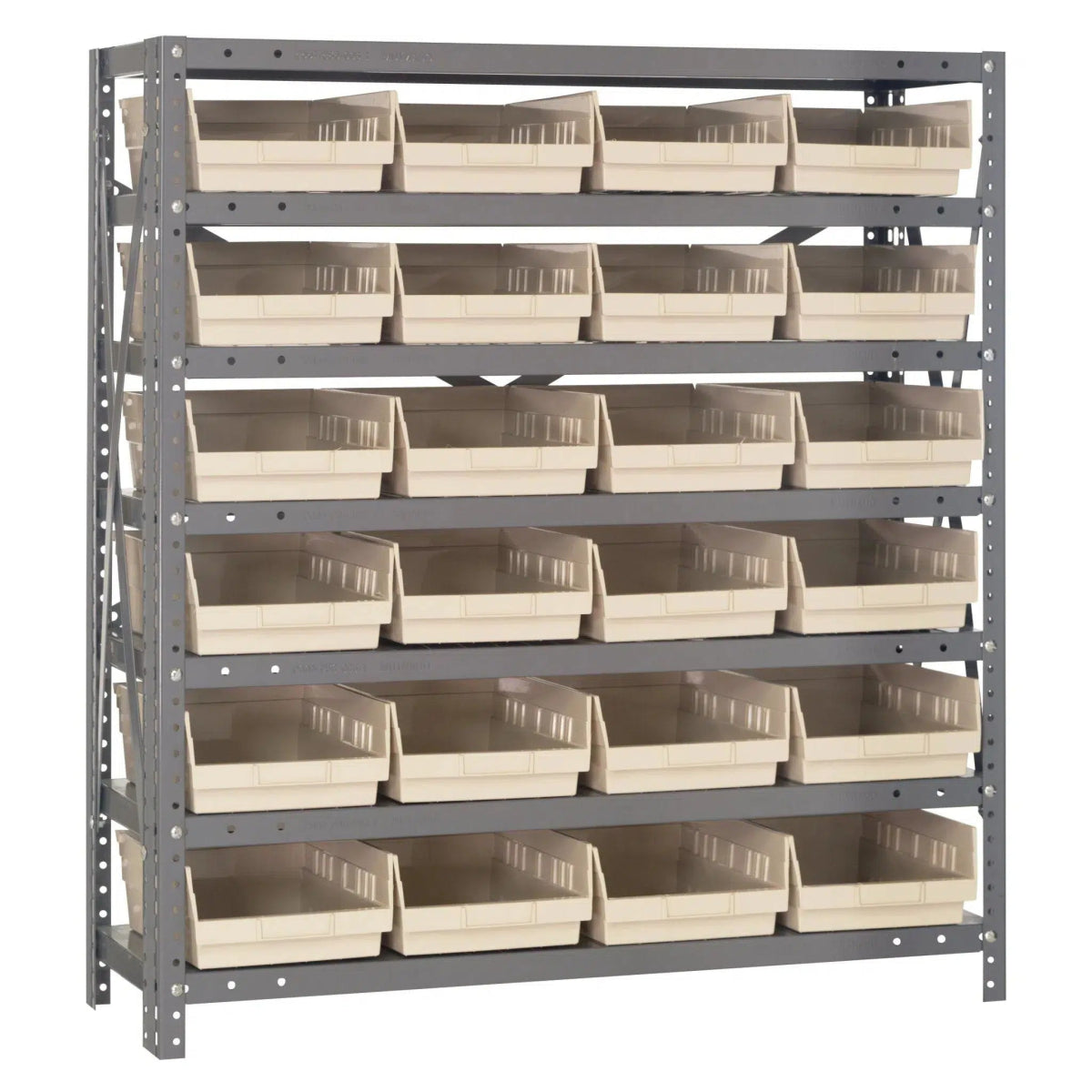 1239 - 107 | 12" x 36" x 39" Shelving Unit with 24 Bins - Steel Shelving with Bins > 12" Deep Steel Shelving Units with Bins > Open Front Plastic Shelf Bins - Industrial 4 Less