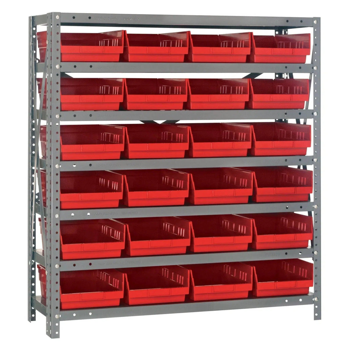 1239 - 107 | 12" x 36" x 39" Shelving Unit with 24 Bins - Steel Shelving with Bins > 12" Deep Steel Shelving Units with Bins > Open Front Plastic Shelf Bins - Industrial 4 Less