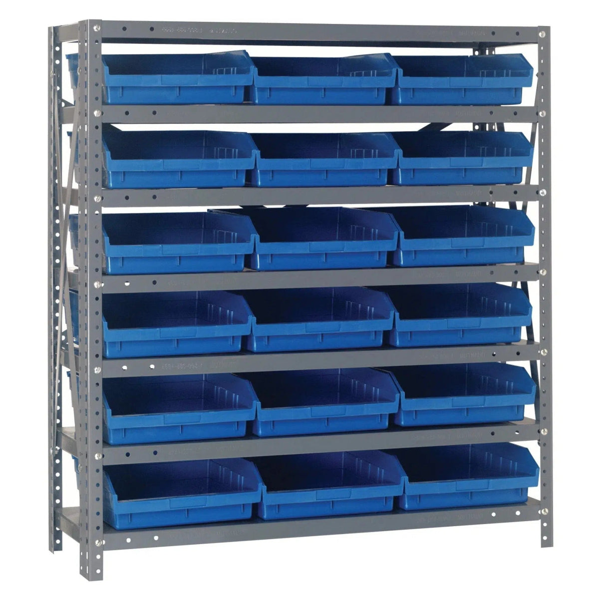 1239 - 109 | 12" x 36" x 39" Shelving Unit with 18 Bins - Steel Shelving with Bins > 12" Deep Steel Shelving Units with Bins > Open Front Plastic Shelf Bins - Industrial 4 Less