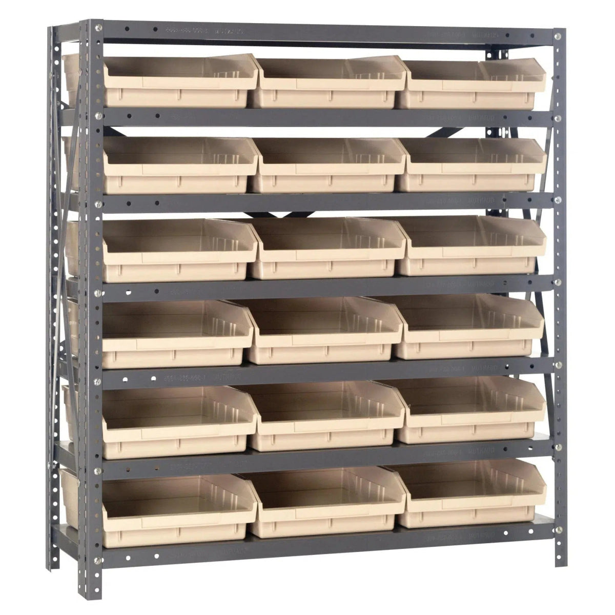 1239 - 109 | 12" x 36" x 39" Shelving Unit with 18 Bins - Steel Shelving with Bins > 12" Deep Steel Shelving Units with Bins > Open Front Plastic Shelf Bins - Industrial 4 Less