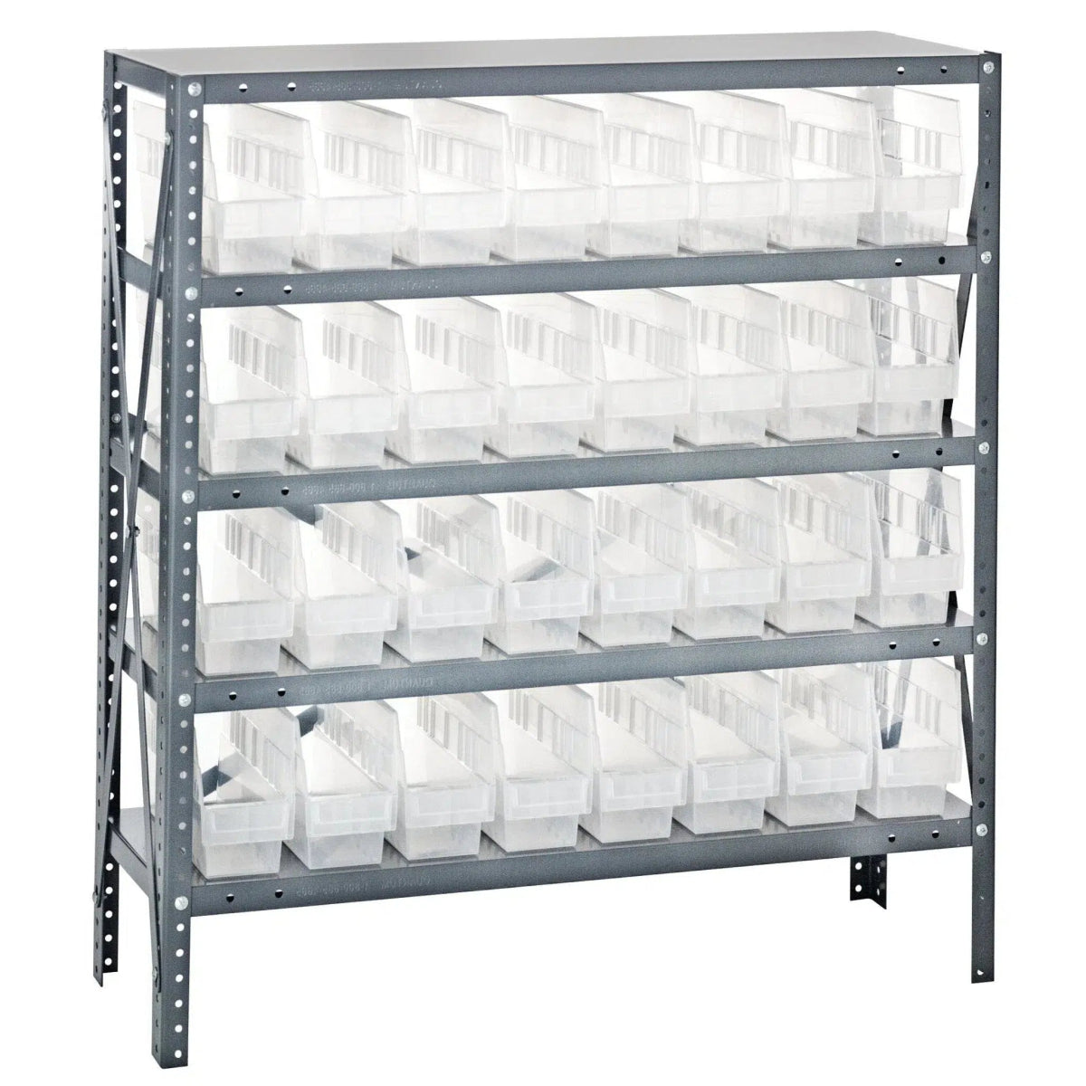 1239 - 201 | 12" x 36" x 39" Shelving Unit with 32 Bins - Steel Shelving with Bins > 12" Deep Steel Shelving Units with Bins > Open Front Plastic Shelf Bins - Industrial 4 Less