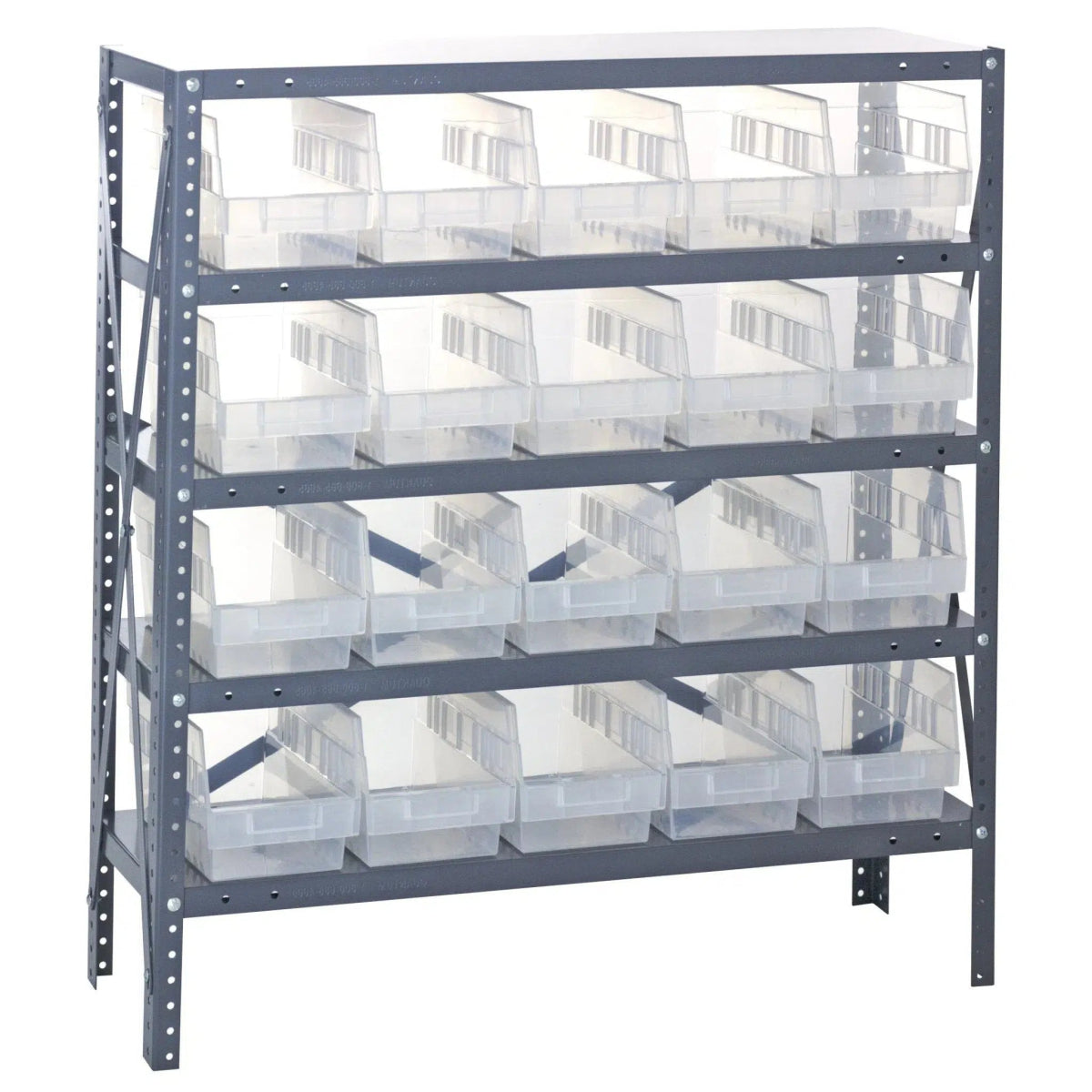 1239 - 202 | 12" x 36" x 39" Shelving Unit with 20 Bins - Steel Shelving with Bins > 12" Deep Steel Shelving Units with Bins > Open Front Plastic Shelf Bins - Industrial 4 Less