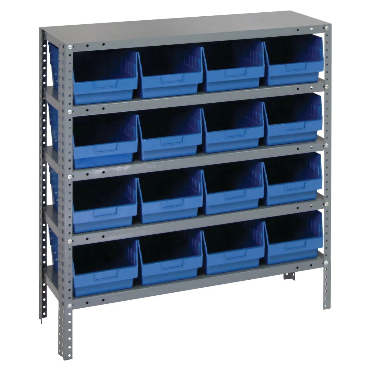 1239 - 207 | 12" x 36" x 39" Shelving Unit with 16 Bins - Steel Shelving with Bins > 12" Deep Steel Shelving Units with Bins > Open Front Plastic Shelf Bins - Industrial 4 Less