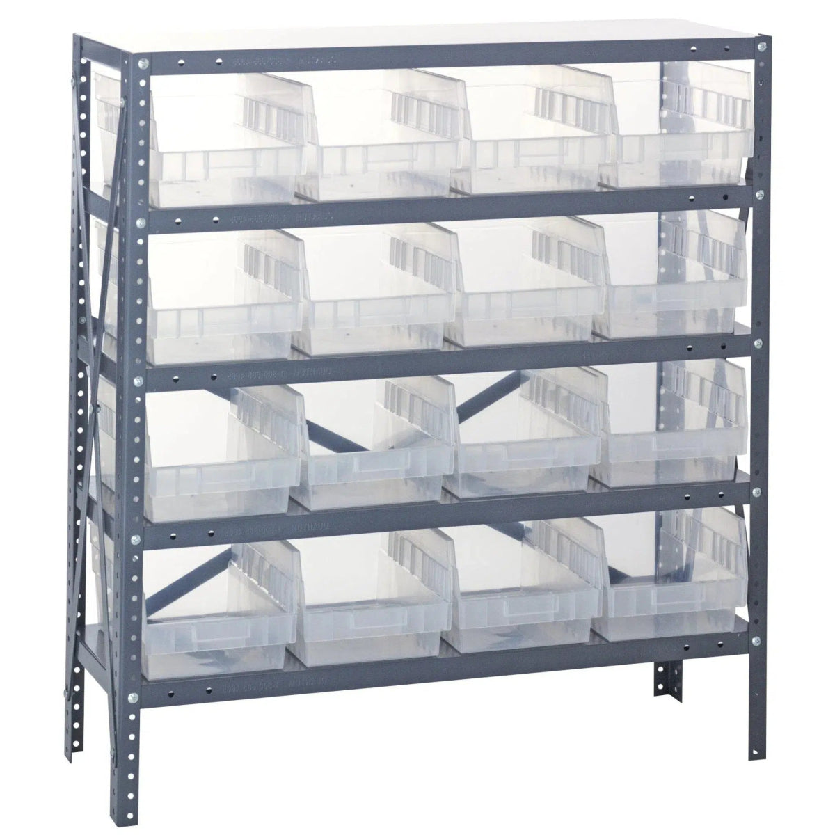 1239 - 207 | 12" x 36" x 39" Shelving Unit with 16 Bins - Steel Shelving with Bins > 12" Deep Steel Shelving Units with Bins > Open Front Plastic Shelf Bins - Industrial 4 Less