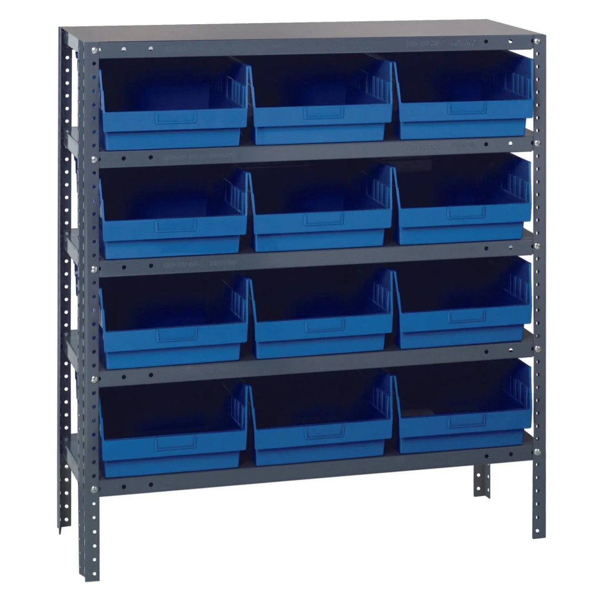 1239 - 209 | 12" x 36" x 39" Shelving Unit with 12 Bins - Steel Shelving with Bins > 12" Deep Steel Shelving Units with Bins > Open Front Plastic Shelf Bins - Industrial 4 Less