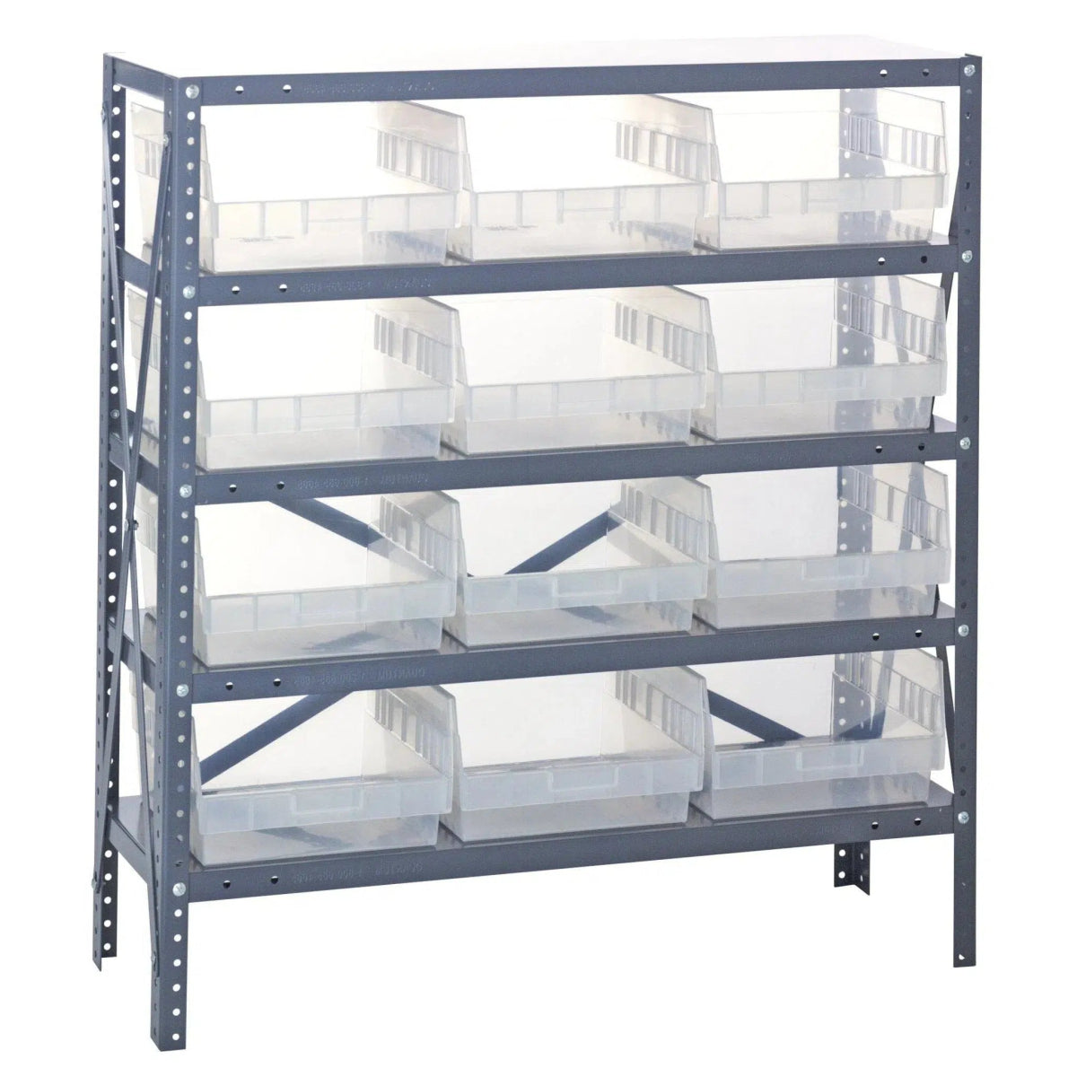 1239 - 209 | 12" x 36" x 39" Shelving Unit with 12 Bins - Steel Shelving with Bins > 12" Deep Steel Shelving Units with Bins > Open Front Plastic Shelf Bins - Industrial 4 Less