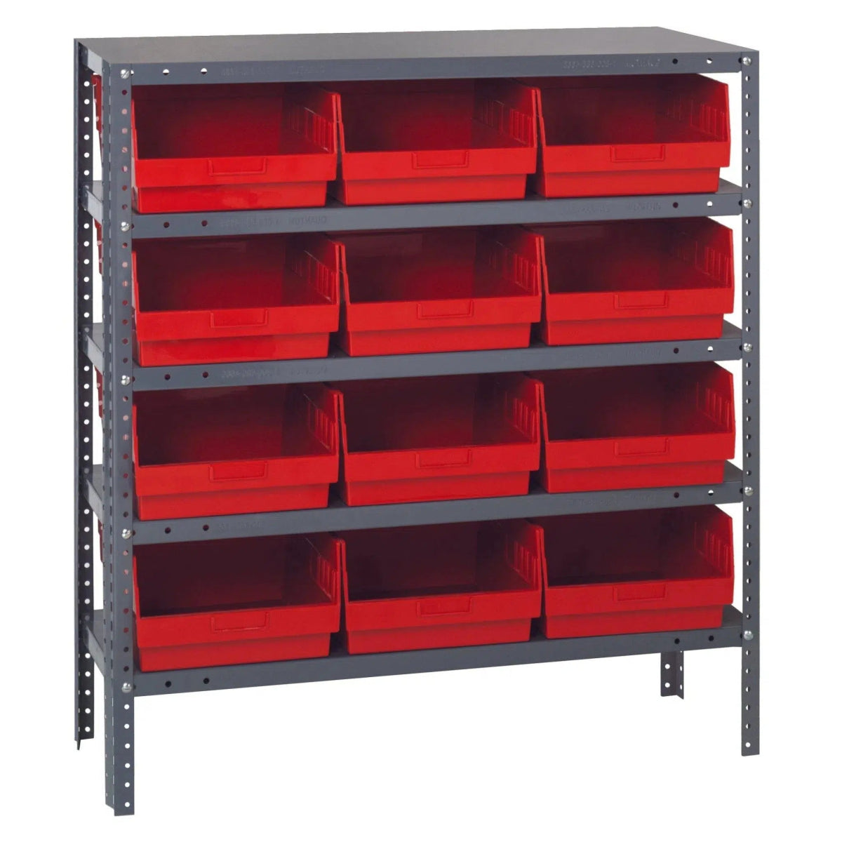 1239 - 209 | 12" x 36" x 39" Shelving Unit with 12 Bins - Steel Shelving with Bins > 12" Deep Steel Shelving Units with Bins > Open Front Plastic Shelf Bins - Industrial 4 Less