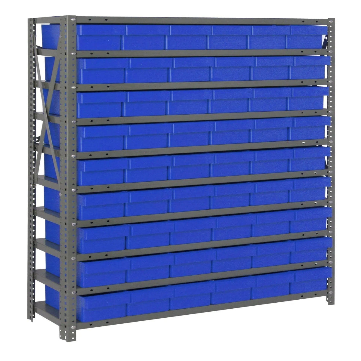 1239 - 401 | 12" x 36" x 39" Shelving Unit with 54 Bins - Steel Shelving with Bins > 12" Deep Steel Shelving Units with Bins > Open Front Plastic Shelf Bins - Industrial 4 Less