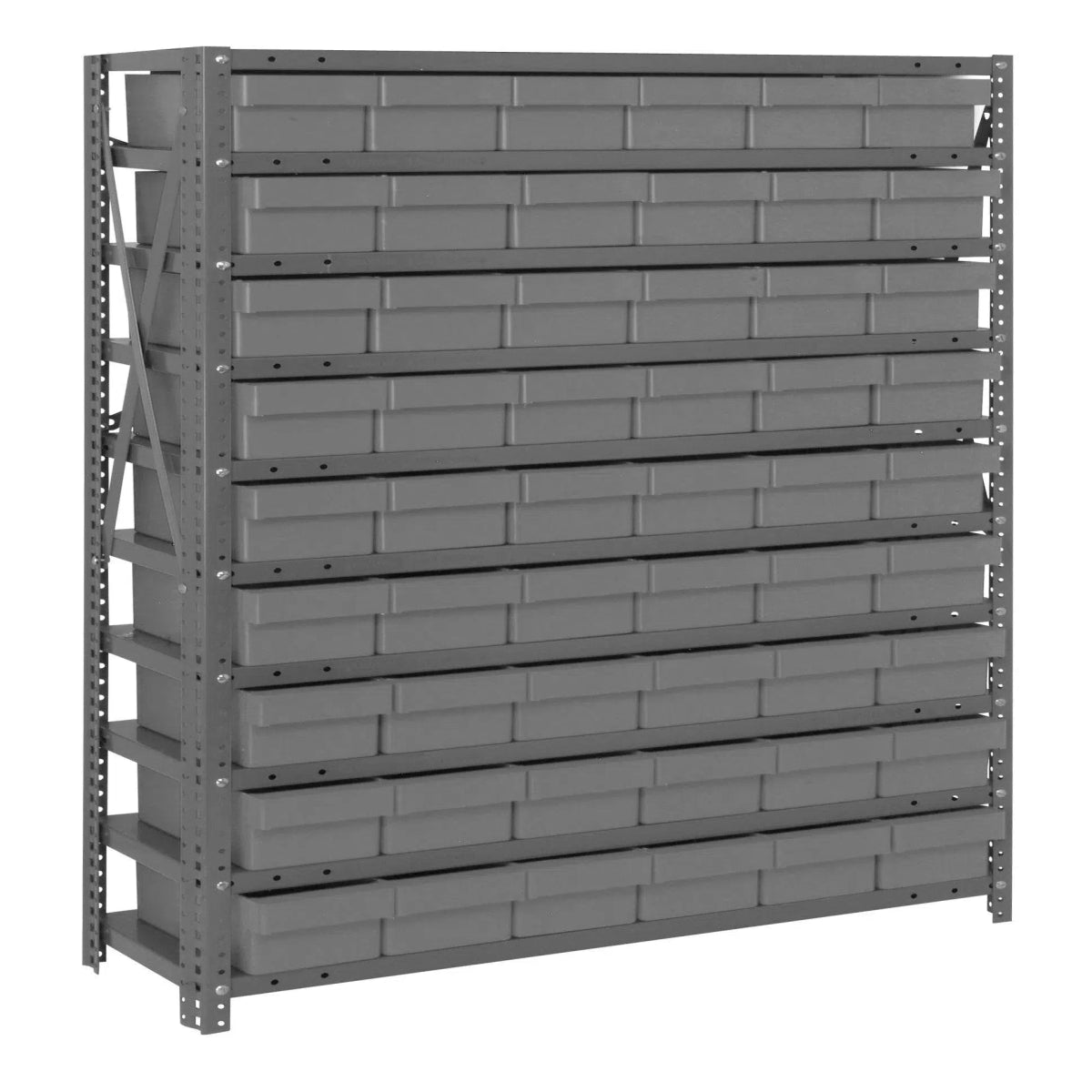 1239 - 401 | 12" x 36" x 39" Shelving Unit with 54 Bins - Steel Shelving with Bins > 12" Deep Steel Shelving Units with Bins > Open Front Plastic Shelf Bins - Industrial 4 Less