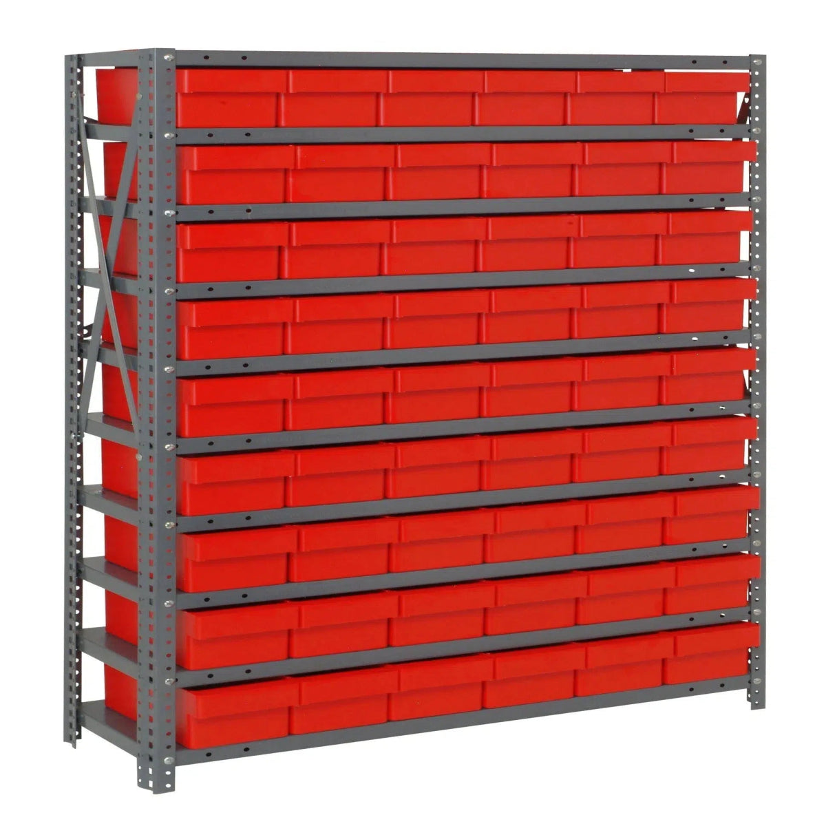 1239 - 401 | 12" x 36" x 39" Shelving Unit with 54 Bins - Steel Shelving with Bins > 12" Deep Steel Shelving Units with Bins > Open Front Plastic Shelf Bins - Industrial 4 Less