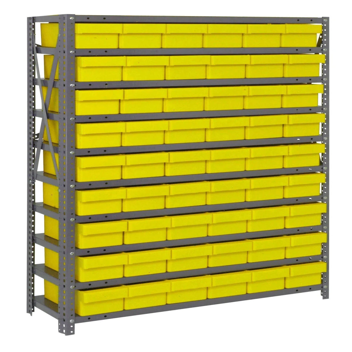 1239 - 401 | 12" x 36" x 39" Shelving Unit with 54 Bins - Steel Shelving with Bins > 12" Deep Steel Shelving Units with Bins > Open Front Plastic Shelf Bins - Industrial 4 Less