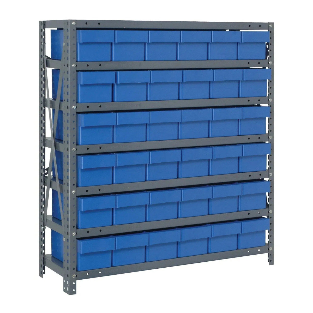 1239 - 601 | 12" x 36" x 39" Shelving Unit with 36 Bins - Steel Shelving with Bins > 12" Deep Steel Shelving Units with Bins > Open Front Plastic Shelf Bins - Industrial 4 Less