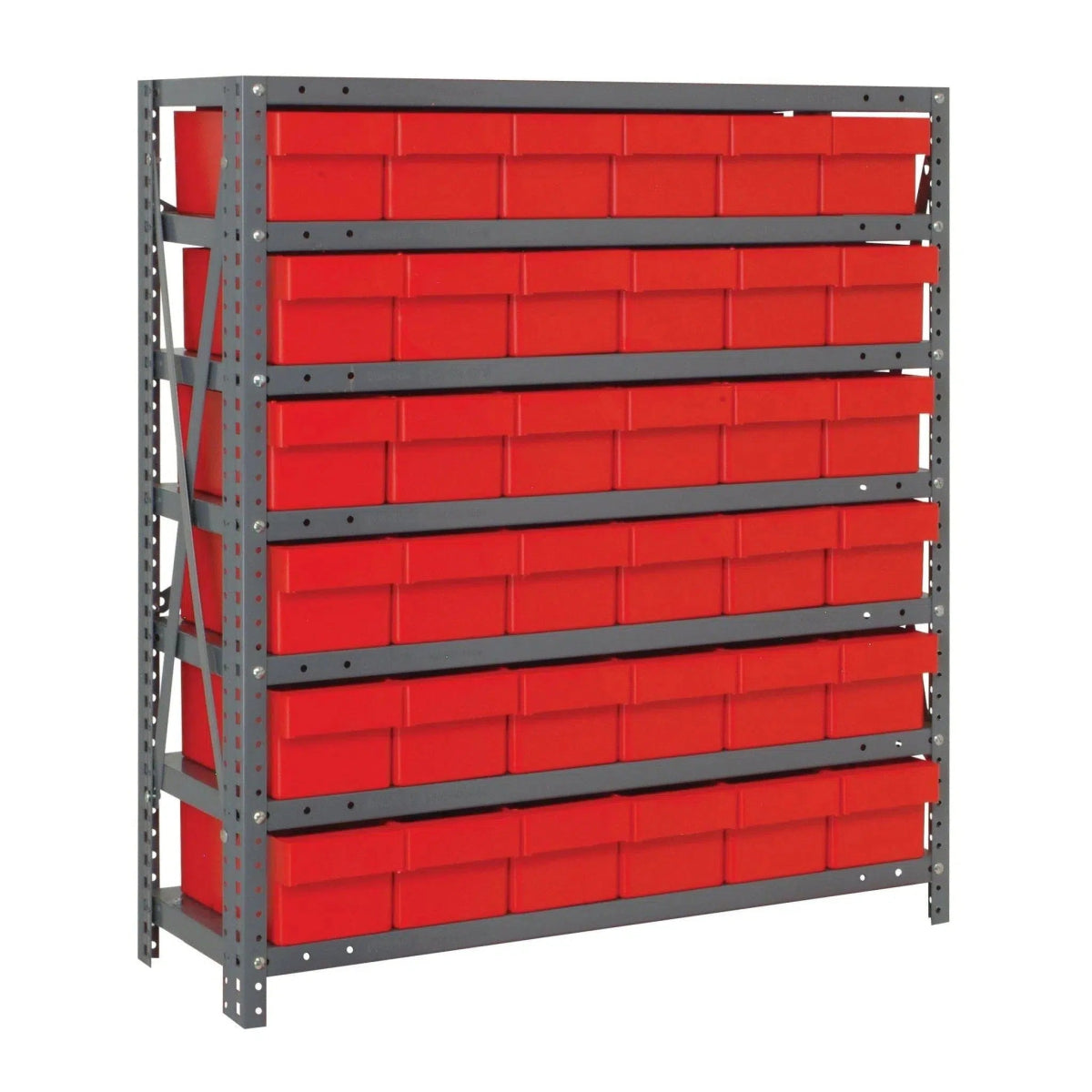 1239 - 601 | 12" x 36" x 39" Shelving Unit with 36 Bins - Steel Shelving with Bins > 12" Deep Steel Shelving Units with Bins > Open Front Plastic Shelf Bins - Industrial 4 Less