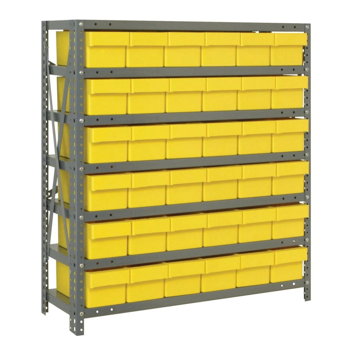 1239 - 601 | 12" x 36" x 39" Shelving Unit with 36 Bins - Steel Shelving with Bins > 12" Deep Steel Shelving Units with Bins > Open Front Plastic Shelf Bins - Industrial 4 Less