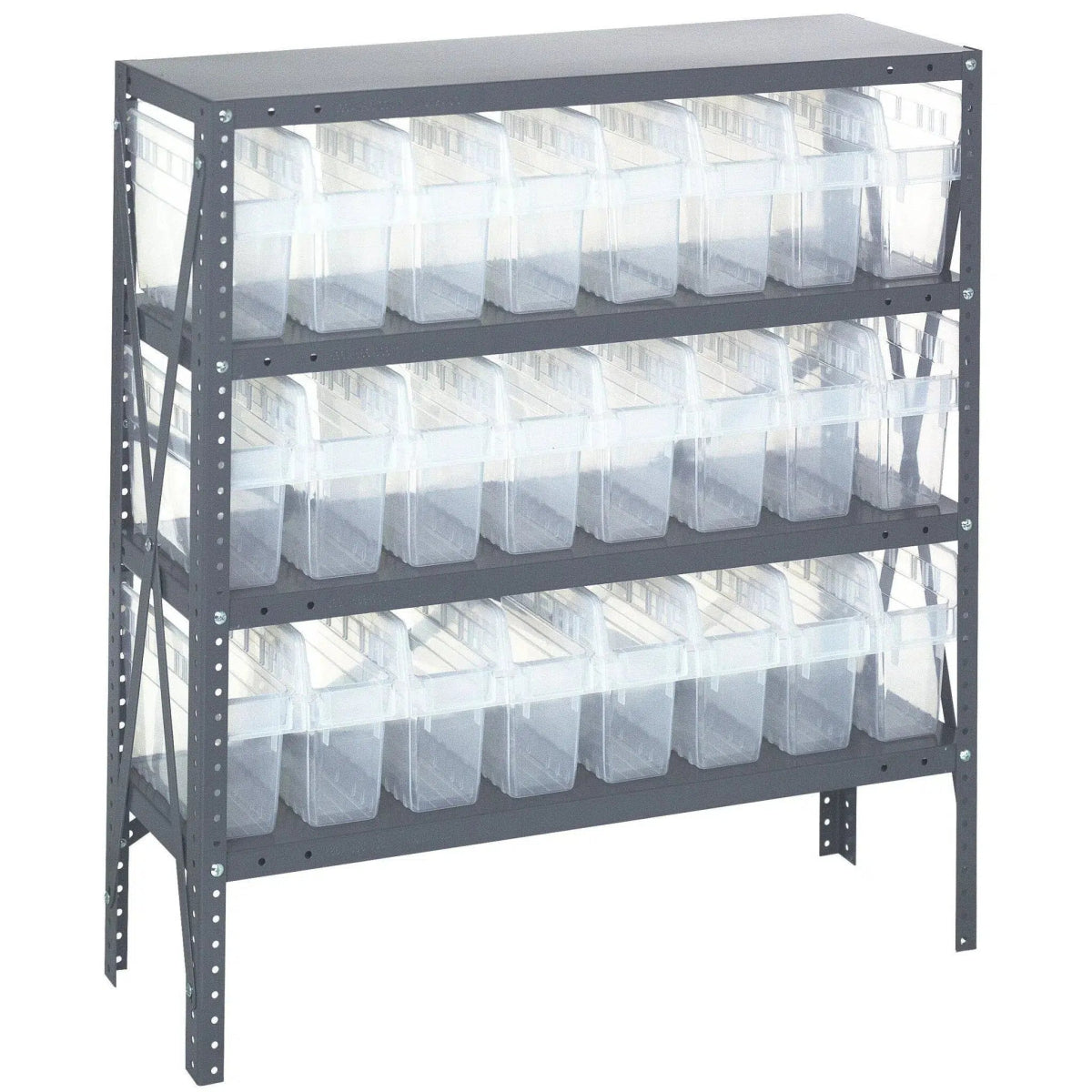 1239 - SB801 | 12" x 36" x 39" Shelving Unit with 24 Bins - Steel Shelving with Bins > 12" Deep Steel Shelving Units with Bins > Open Front Plastic Shelf Bins - Industrial 4 Less