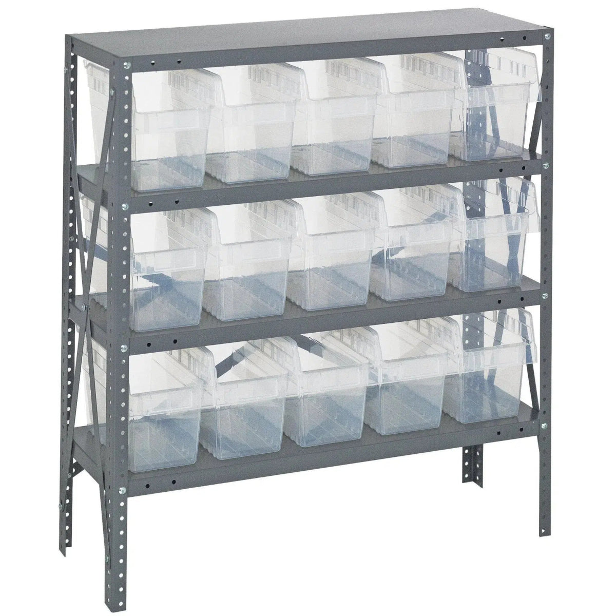 1239 - SB802 | 12" x 36" x 39" Shelving Unit with 15 Bins - Steel Shelving with Bins > 12" Deep Steel Shelving Units with Bins > Open Front Plastic Shelf Bins - Industrial 4 Less