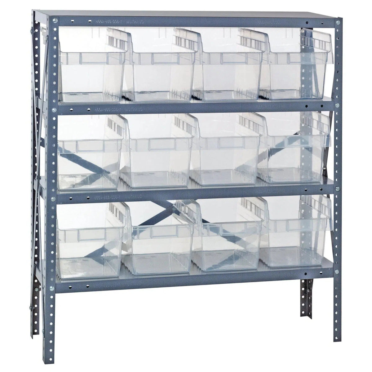 1239 - SB807 | 12" x 36" x 39" Shelving Unit with 12 Bins - Steel Shelving with Bins > 12" Deep Steel Shelving Units with Bins > Open Front Plastic Shelf Bins - Industrial 4 Less