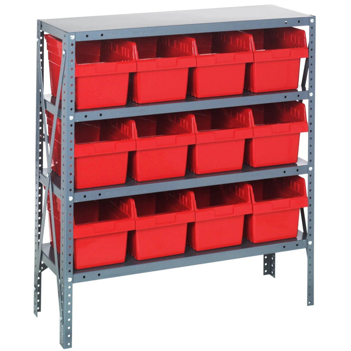 1239 - SB807 | 12" x 36" x 39" Shelving Unit with 12 Bins - Steel Shelving with Bins > 12" Deep Steel Shelving Units with Bins > Open Front Plastic Shelf Bins - Industrial 4 Less