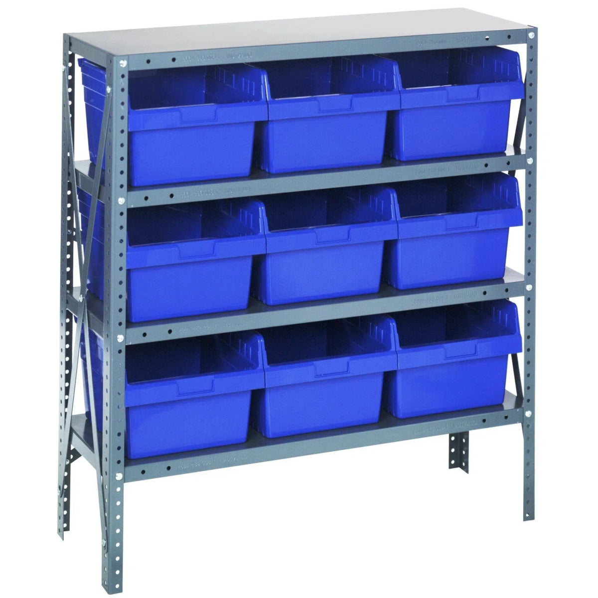 1239 - SB809 | 12" x 36" x 39" Shelving Unit with 9 Bins - Steel Shelving with Bins > 12" Deep Steel Shelving Units with Bins > Open Front Plastic Shelf Bins - Industrial 4 Less