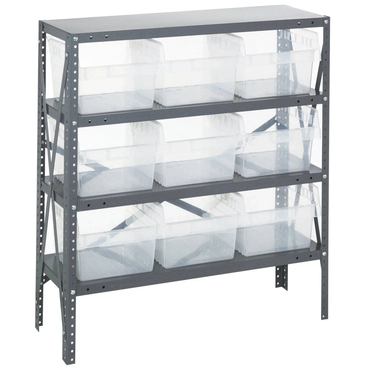 1239 - SB809 | 12" x 36" x 39" Shelving Unit with 9 Bins - Steel Shelving with Bins > 12" Deep Steel Shelving Units with Bins > Open Front Plastic Shelf Bins - Industrial 4 Less