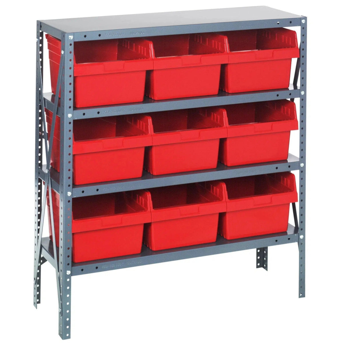 1239 - SB809 | 12" x 36" x 39" Shelving Unit with 9 Bins - Steel Shelving with Bins > 12" Deep Steel Shelving Units with Bins > Open Front Plastic Shelf Bins - Industrial 4 Less