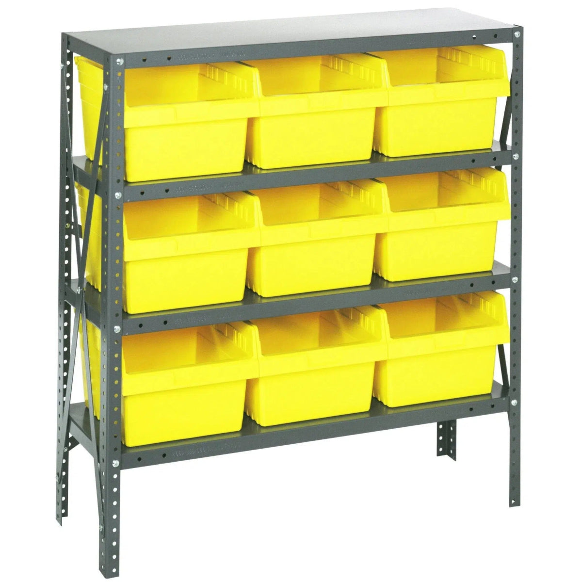 1239 - SB809 | 12" x 36" x 39" Shelving Unit with 9 Bins - Steel Shelving with Bins > 12" Deep Steel Shelving Units with Bins > Open Front Plastic Shelf Bins - Industrial 4 Less