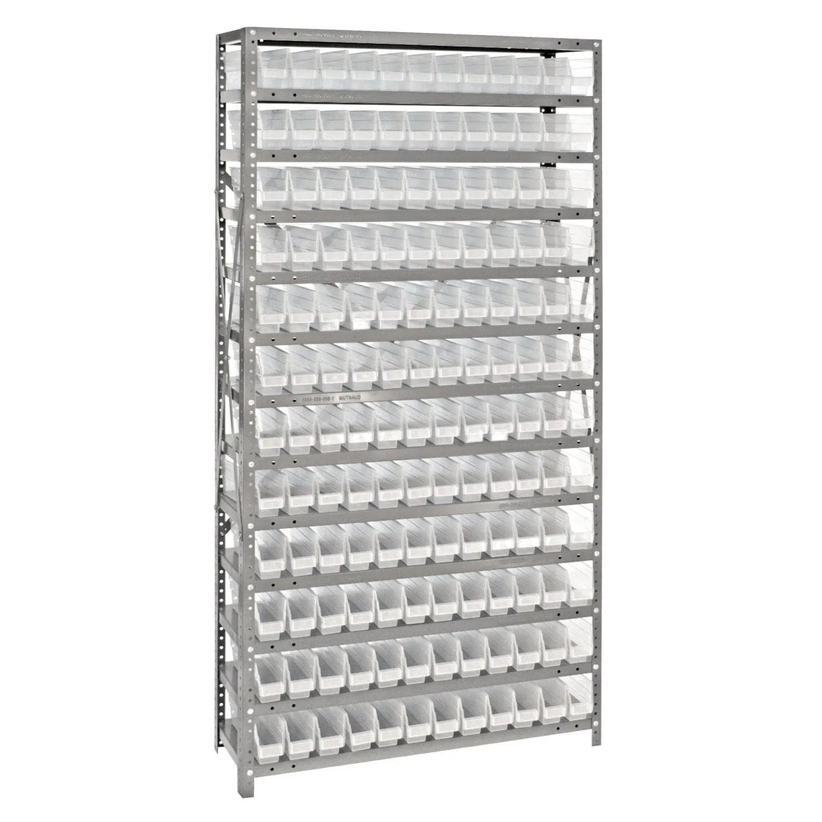 1275 - 100 | 12" x 36" x 75" Shelving Unit with 144 Bins - Steel Shelving with Bins > 12" Deep Steel Shelving Units with Bins > Open Front Plastic Shelf Bins - Industrial 4 Less