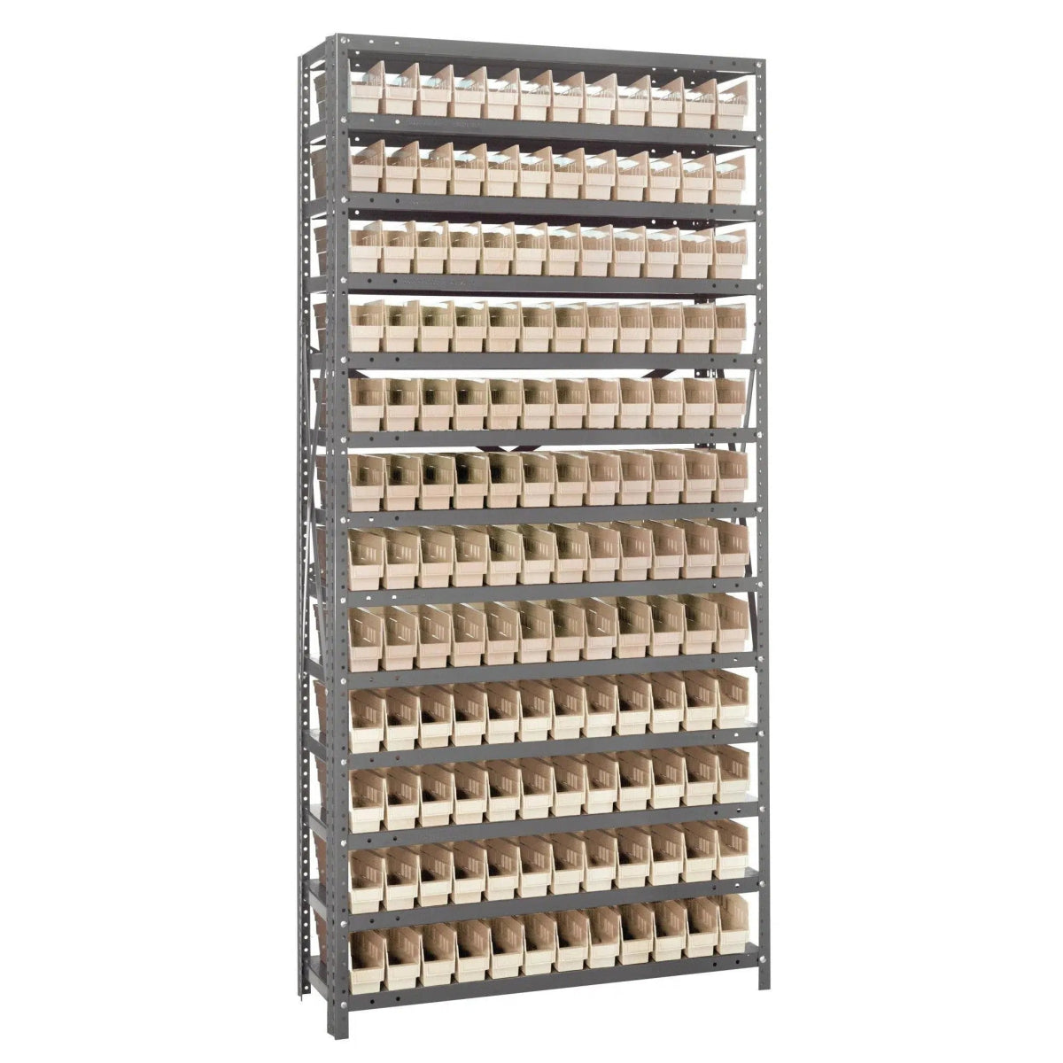 1275 - 100 | 12" x 36" x 75" Shelving Unit with 144 Bins - Steel Shelving with Bins > 12" Deep Steel Shelving Units with Bins > Open Front Plastic Shelf Bins - Industrial 4 Less