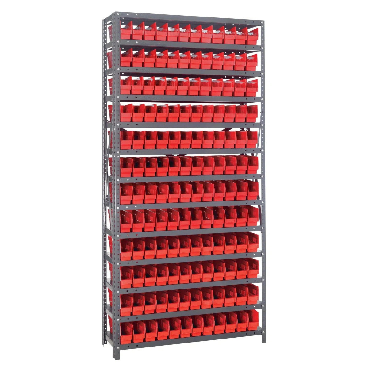 1275 - 100 | 12" x 36" x 75" Shelving Unit with 144 Bins - Steel Shelving with Bins > 12" Deep Steel Shelving Units with Bins > Open Front Plastic Shelf Bins - Industrial 4 Less