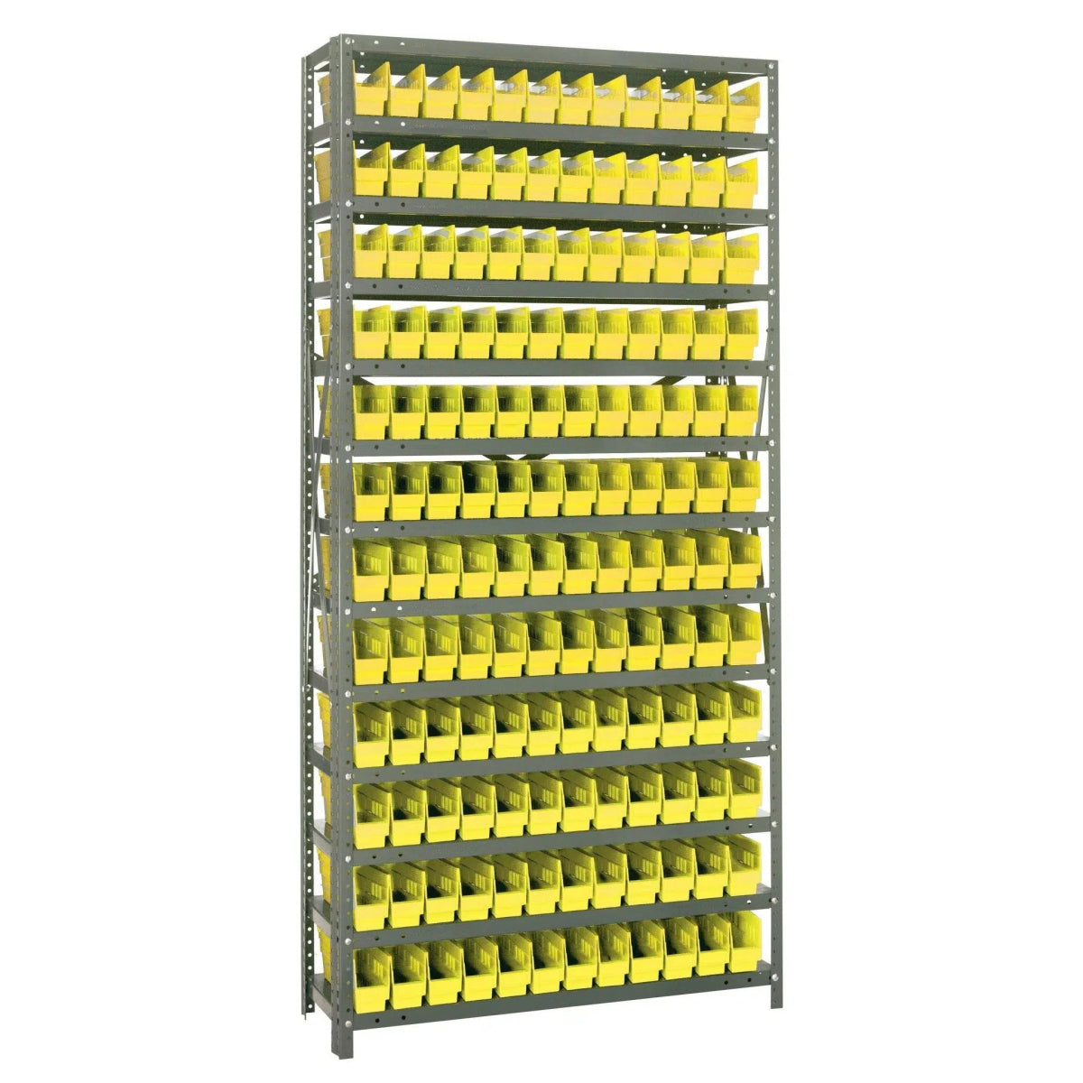 1275 - 100 | 12" x 36" x 75" Shelving Unit with 144 Bins - Steel Shelving with Bins > 12" Deep Steel Shelving Units with Bins > Open Front Plastic Shelf Bins - Industrial 4 Less