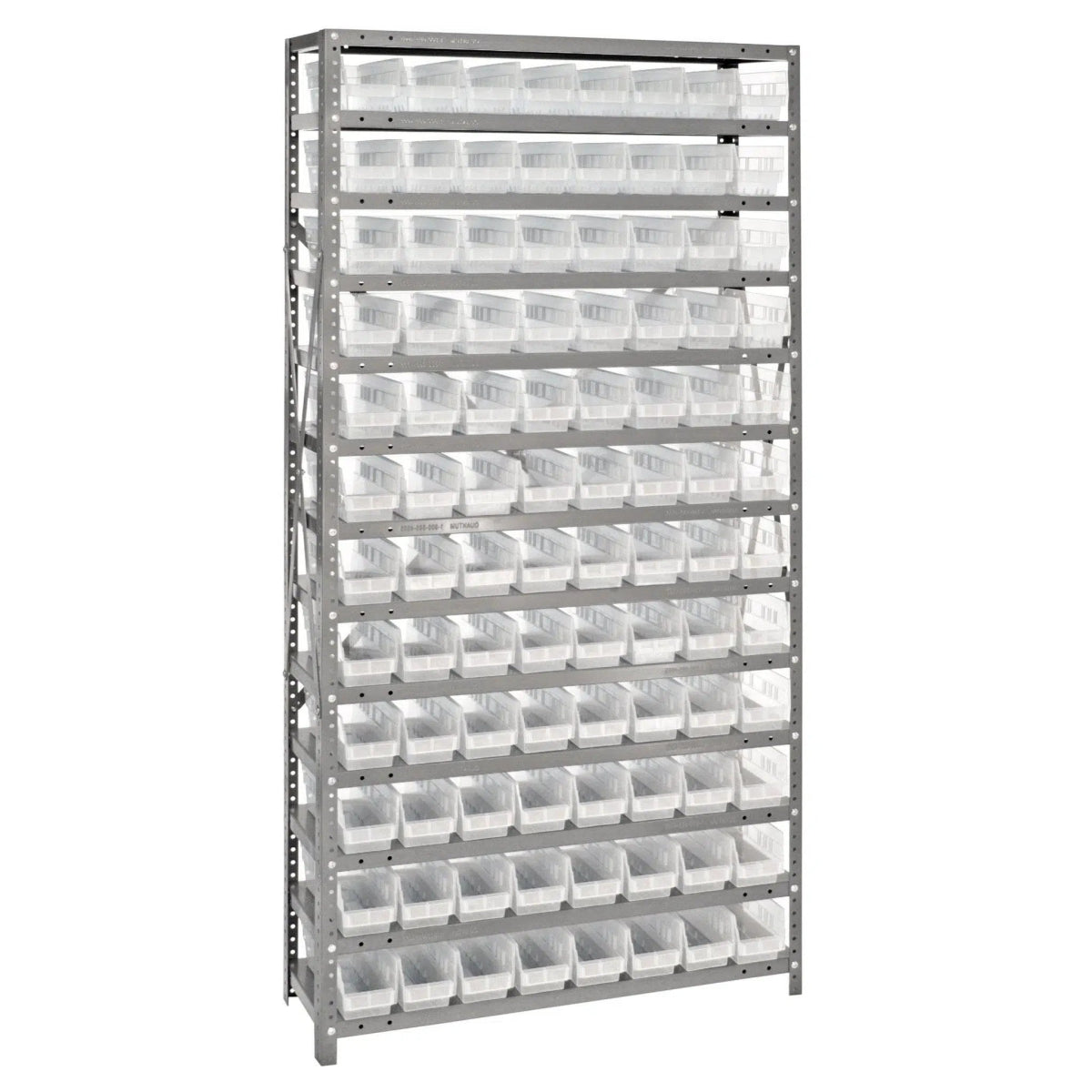 1275 - 101 | 12" x 36" x 75" Shelving Unit with 96 Bins - Steel Shelving with Bins > 12" Deep Steel Shelving Units with Bins > Open Front Plastic Shelf Bins - Industrial 4 Less