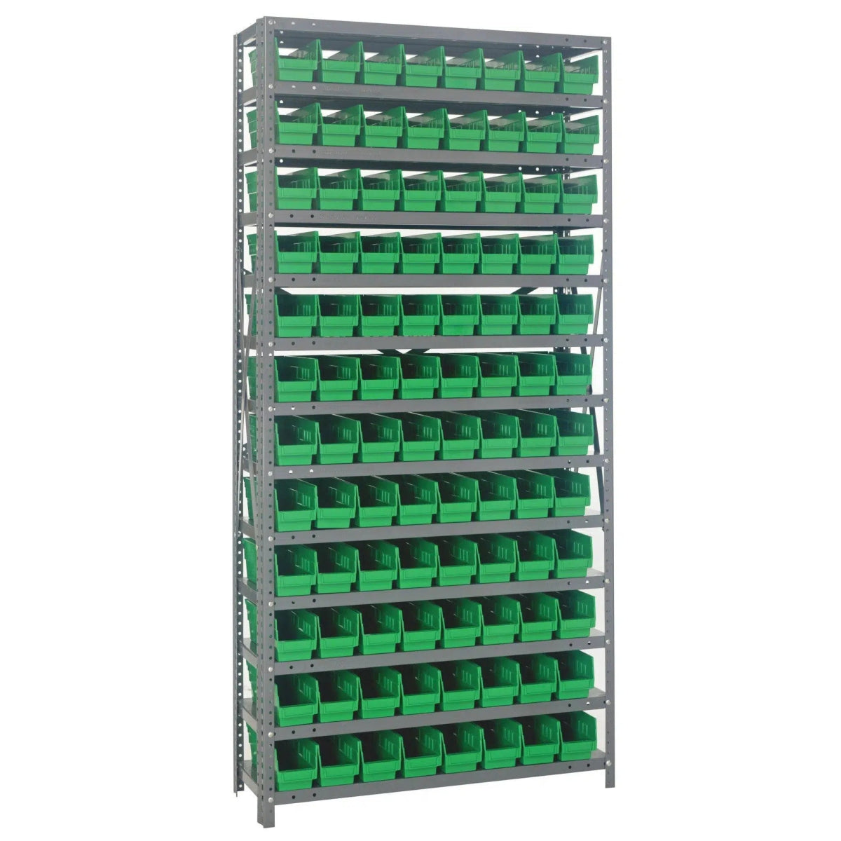 1275 - 101 | 12" x 36" x 75" Shelving Unit with 96 Bins - Steel Shelving with Bins > 12" Deep Steel Shelving Units with Bins > Open Front Plastic Shelf Bins - Industrial 4 Less