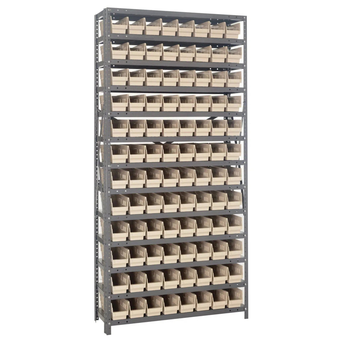 1275 - 101 | 12" x 36" x 75" Shelving Unit with 96 Bins - Steel Shelving with Bins > 12" Deep Steel Shelving Units with Bins > Open Front Plastic Shelf Bins - Industrial 4 Less