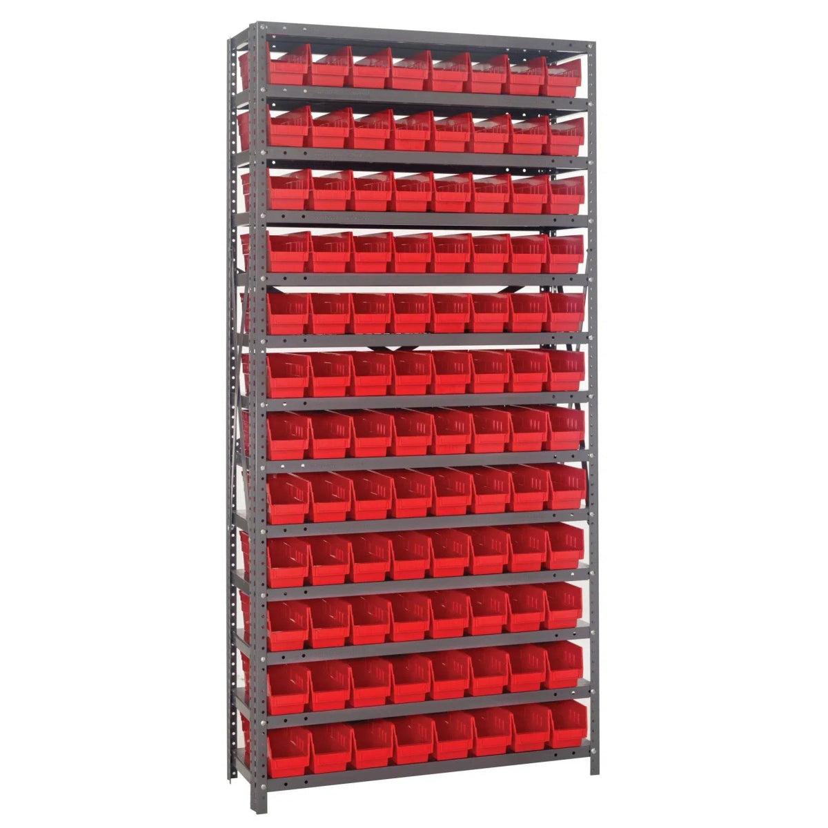 1275 - 101 | 12" x 36" x 75" Shelving Unit with 96 Bins - Steel Shelving with Bins > 12" Deep Steel Shelving Units with Bins > Open Front Plastic Shelf Bins - Industrial 4 Less