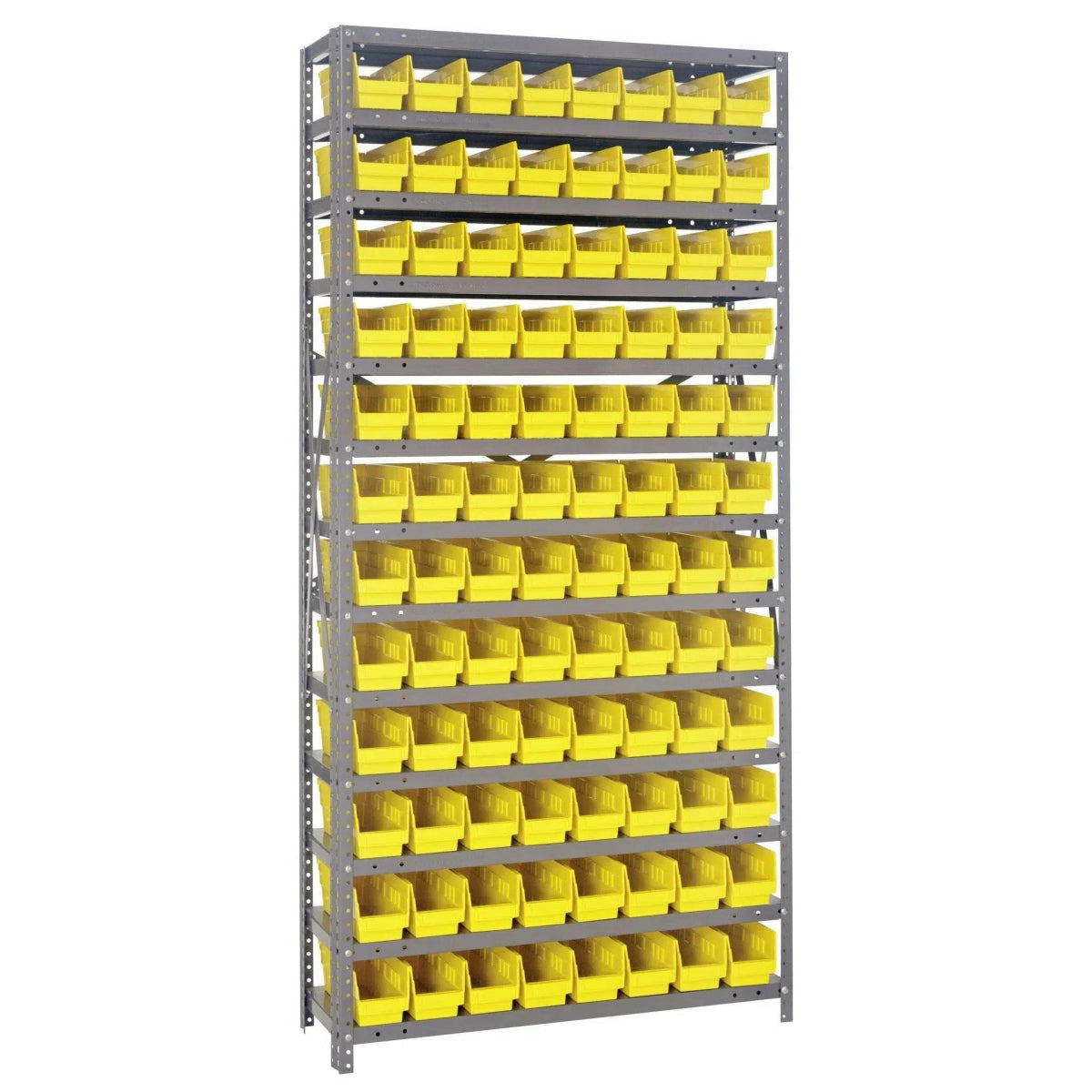 1275 - 101 | 12" x 36" x 75" Shelving Unit with 96 Bins - Steel Shelving with Bins > 12" Deep Steel Shelving Units with Bins > Open Front Plastic Shelf Bins - Industrial 4 Less