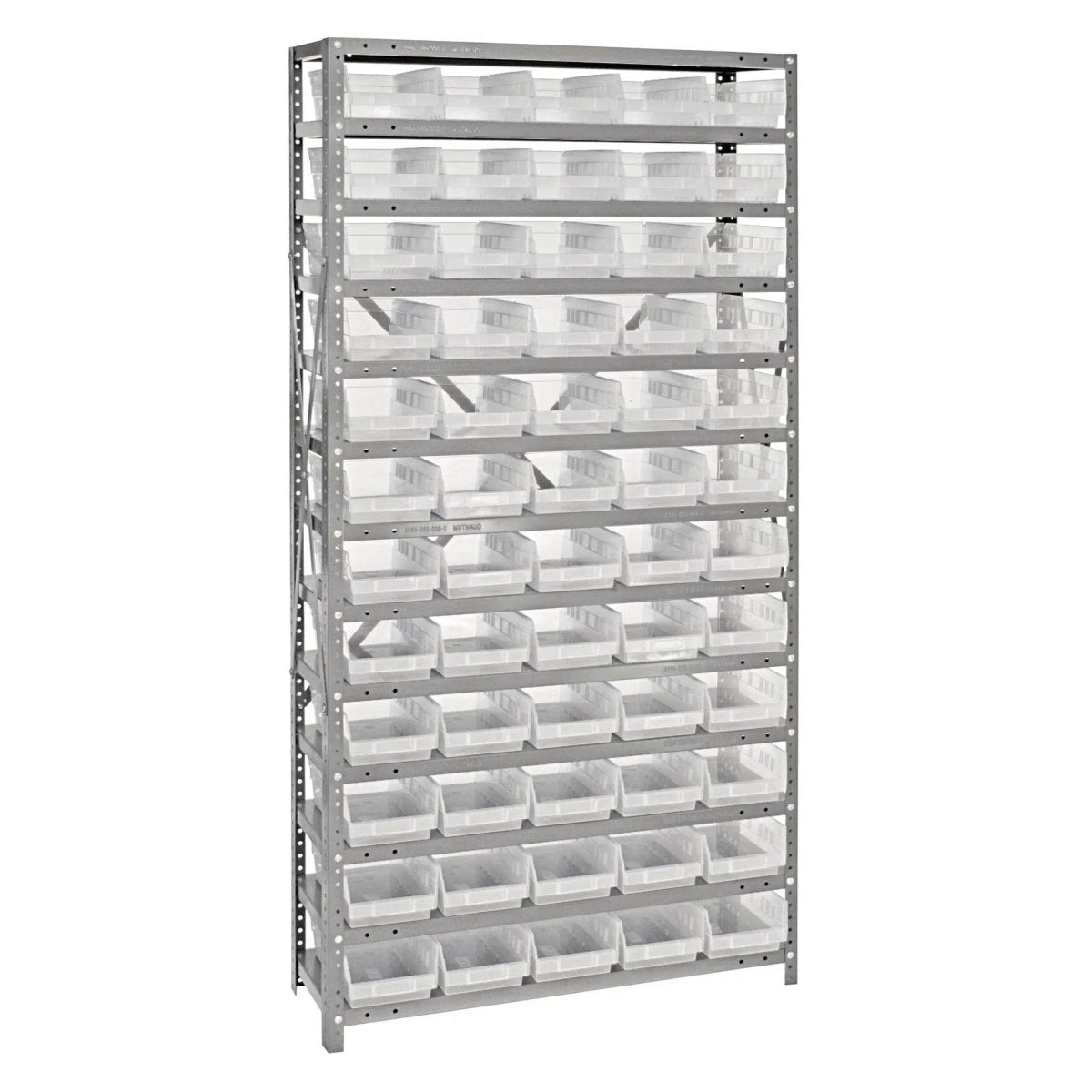 1275 - 102 | 12" x 36" x 75" Shelving Unit with 60 Bins - Steel Shelving with Bins > 12" Deep Steel Shelving Units with Bins > Open Front Plastic Shelf Bins - Industrial 4 Less