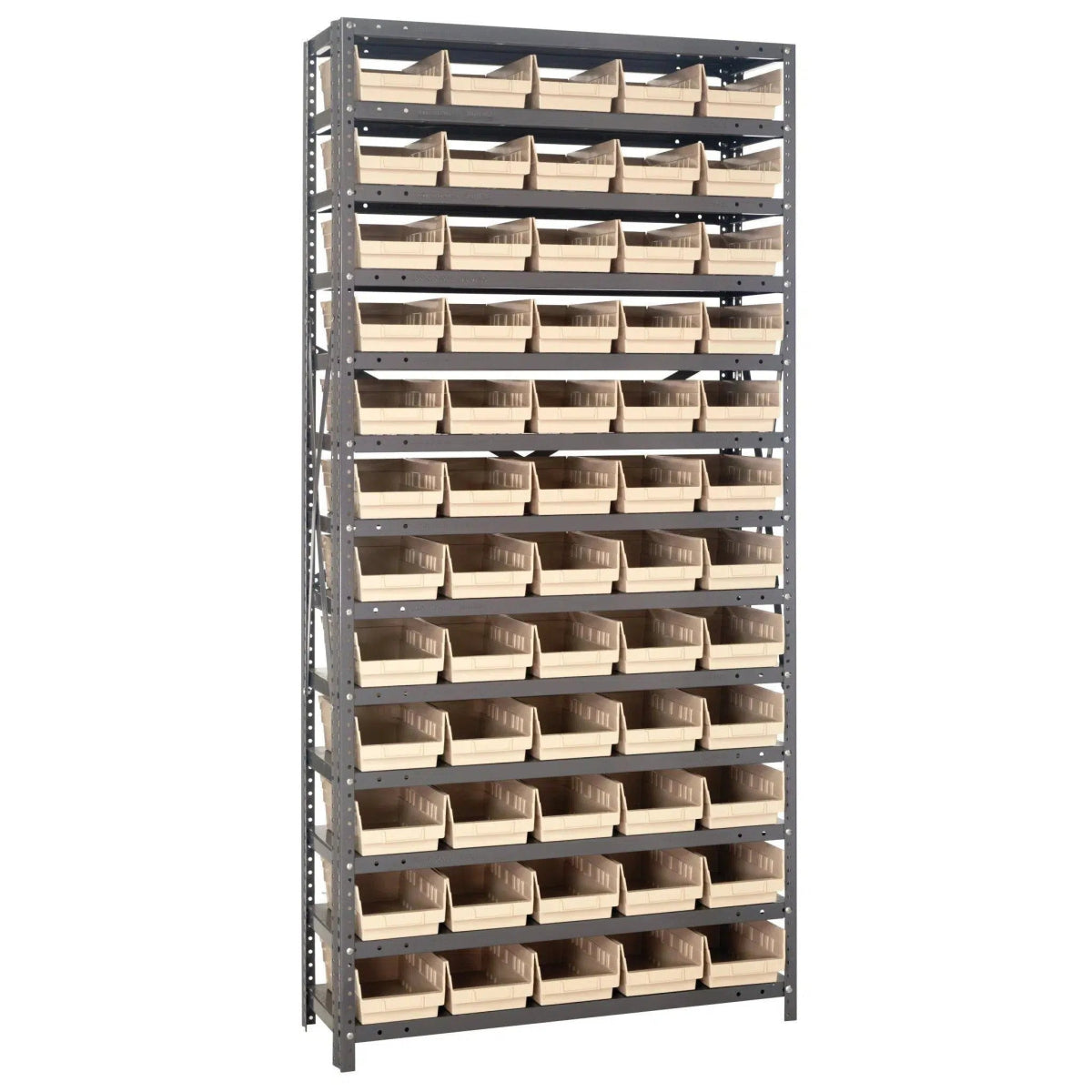 1275 - 102 | 12" x 36" x 75" Shelving Unit with 60 Bins - Steel Shelving with Bins > 12" Deep Steel Shelving Units with Bins > Open Front Plastic Shelf Bins - Industrial 4 Less