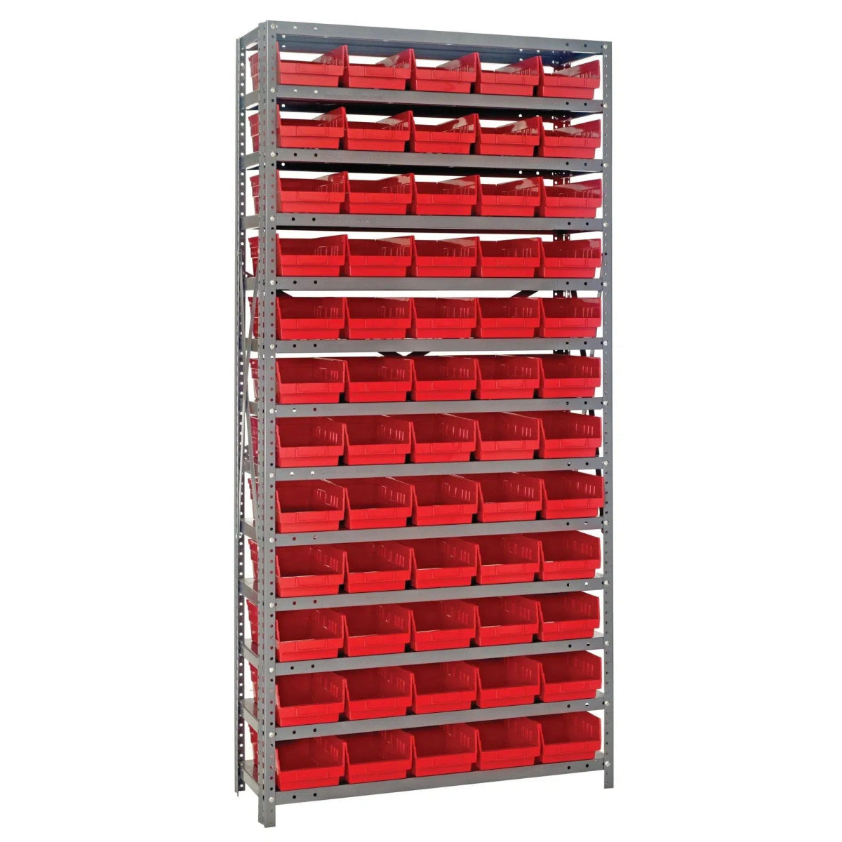 1275 - 102 | 12" x 36" x 75" Shelving Unit with 60 Bins - Steel Shelving with Bins > 12" Deep Steel Shelving Units with Bins > Open Front Plastic Shelf Bins - Industrial 4 Less