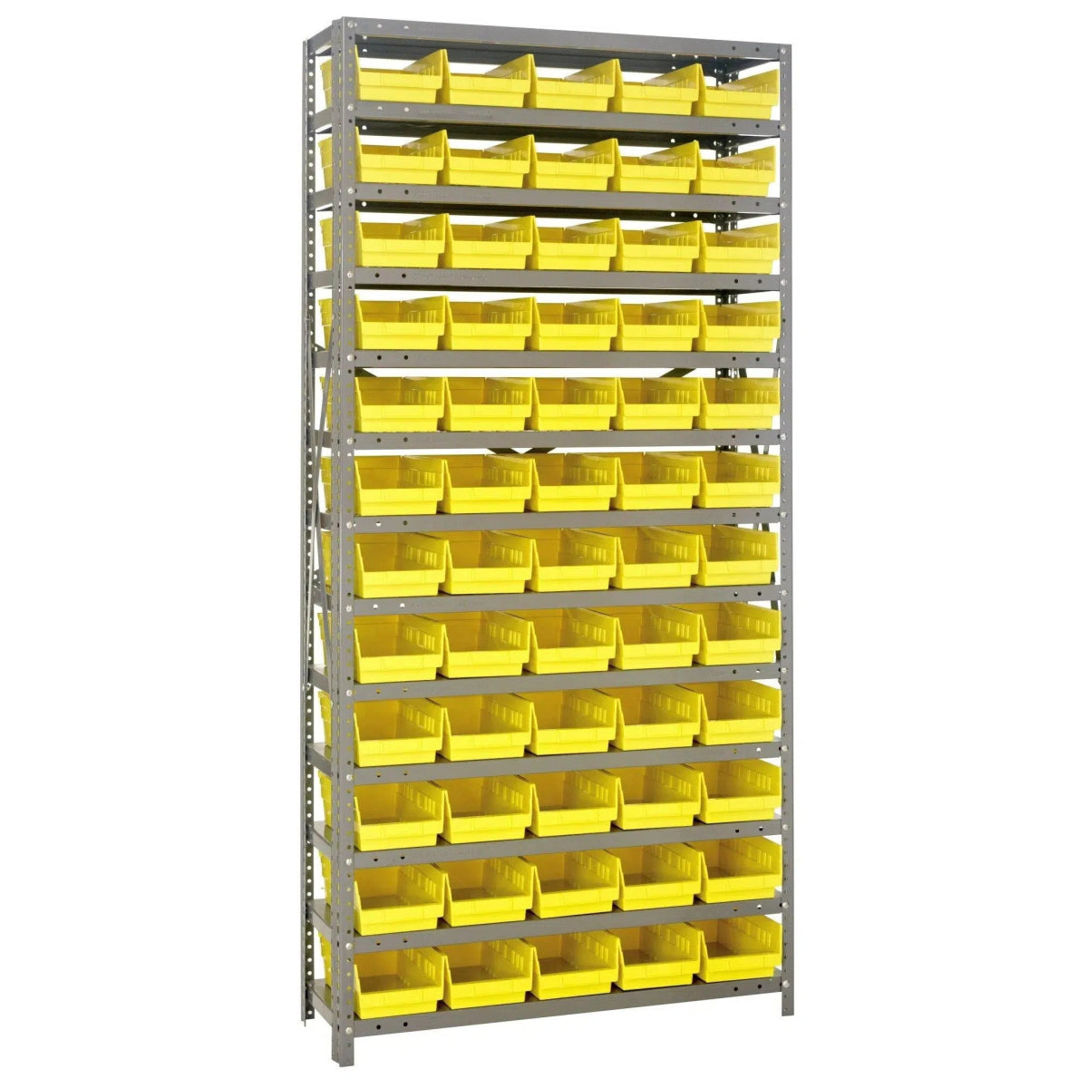 1275 - 102 | 12" x 36" x 75" Shelving Unit with 60 Bins - Steel Shelving with Bins > 12" Deep Steel Shelving Units with Bins > Open Front Plastic Shelf Bins - Industrial 4 Less